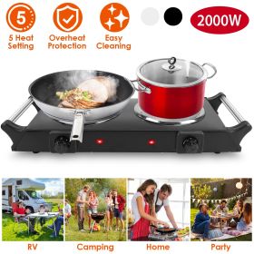 2000W Electric Dual Burner Portable Coil Heating Hot Plate Stove Countertop RV Hotplate with 5 Temperature Adjustments Portable Handles - Double - Bla