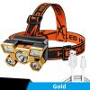 5 LED USB Rechargeable Headlamp; Portable Built-in 18650 Battery Head Flash Light; Waterproof For Expedition Outdoor Camping Fishing - Golden+Silvery